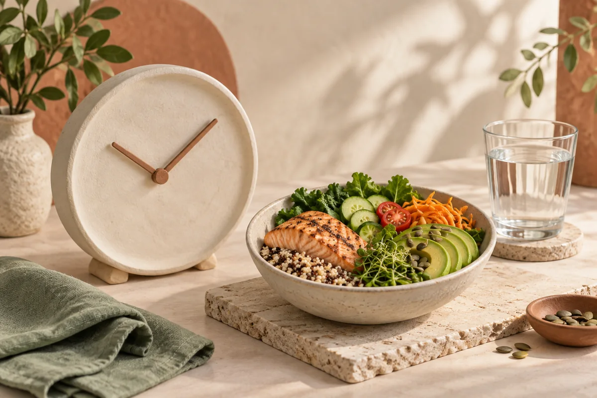 หน้าปัดนาฬิกาไม่มีตัวเลข มื้ออาหาร และน้ำประกอบเรื่อง intermittent fasting