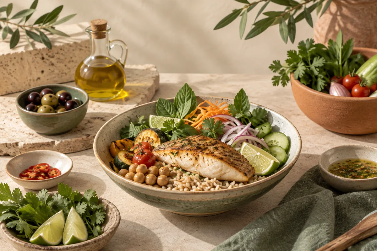 มื้ออาหารไทยที่มีผัก ปลา ข้าวกล้อง และถั่วประกอบแนวทาง Mediterranean