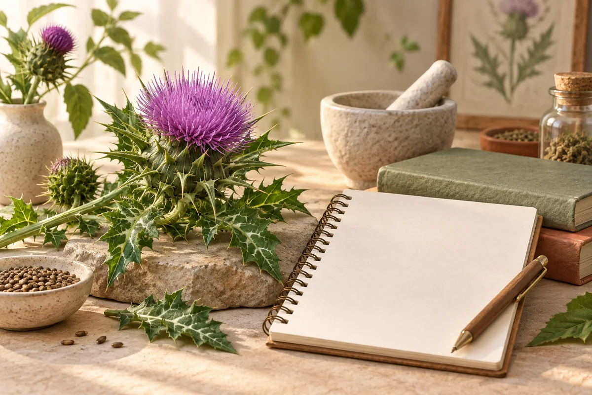 ดอก milk thistle สีม่วงและสมุดสื่อถึงการอ่านหลักฐานวิจัย