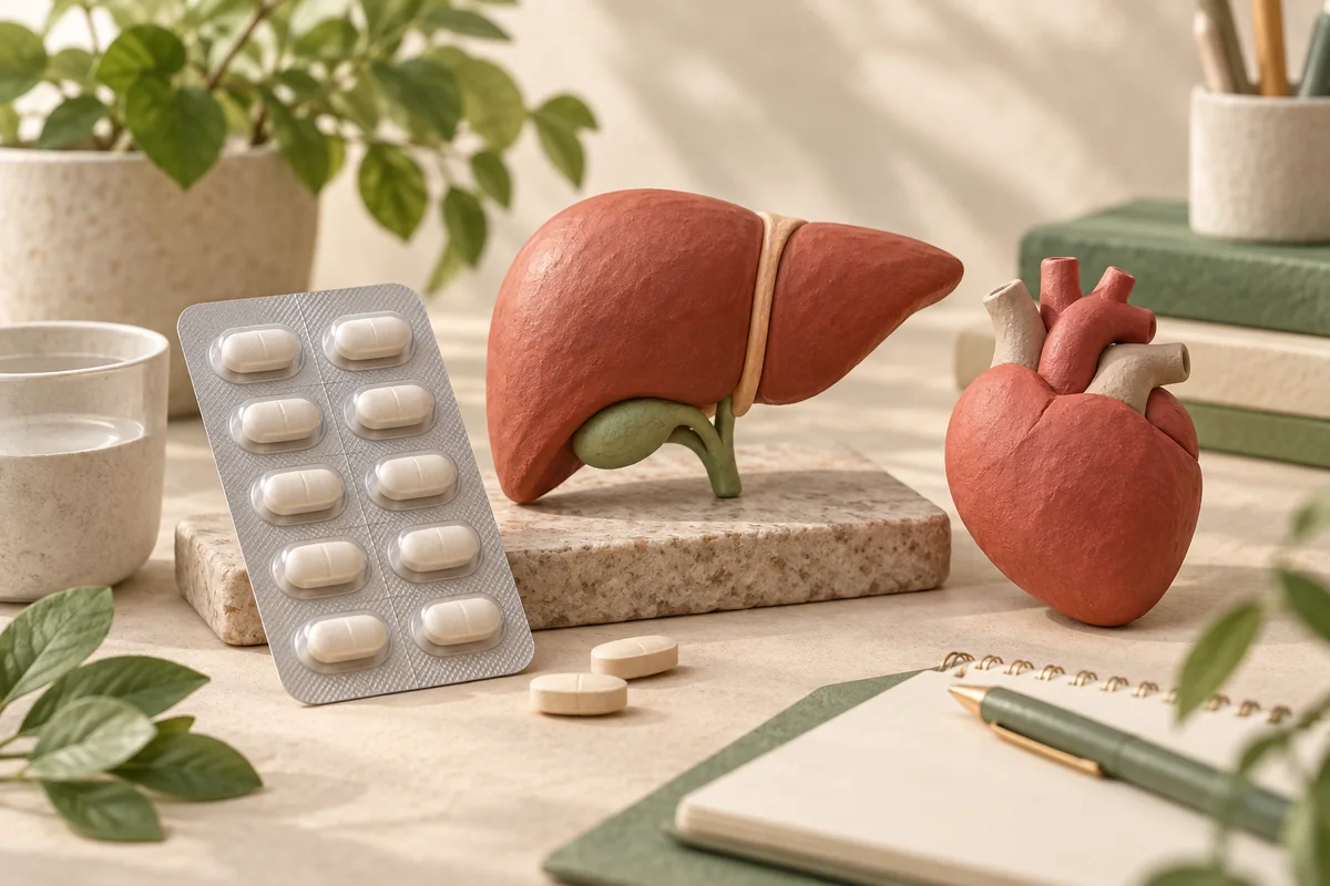 แผงยาไม่มีตราสินค้า รูปหัวใจ และแบบจำลองตับประกอบเรื่อง statin