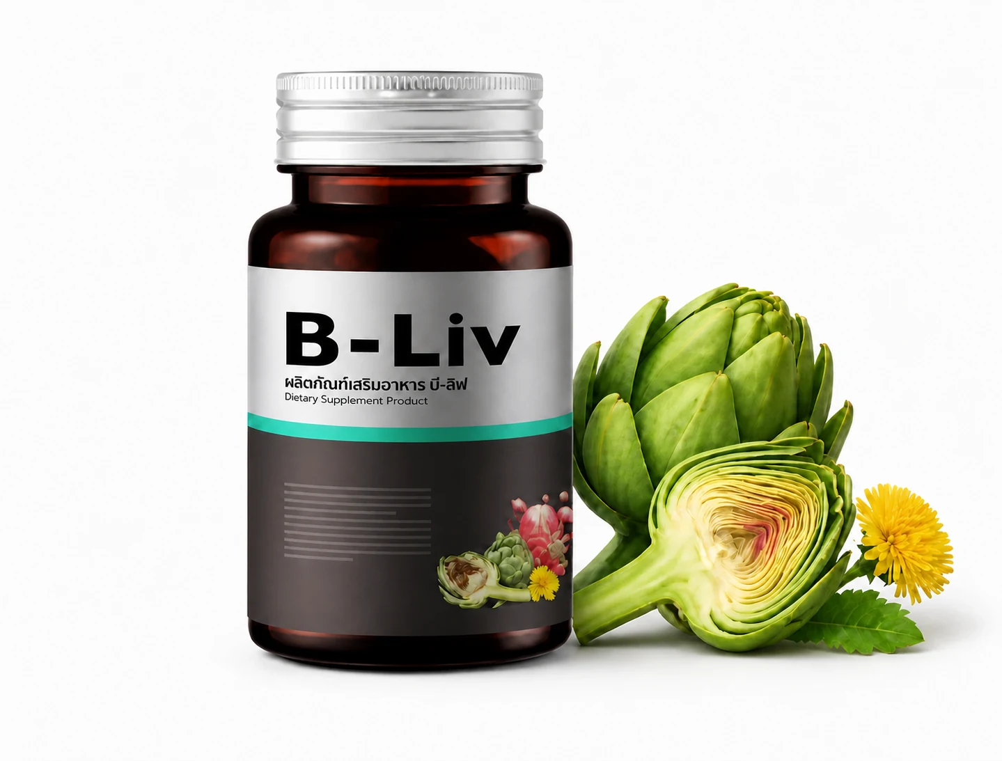 ภาพจัดวางผลิตภัณฑ์เสริมอาหาร B-Liv แบบไม่ระบุจำนวนและอาร์ติโชค ใช้ประกอบตัวเลือก 30 เม็ด